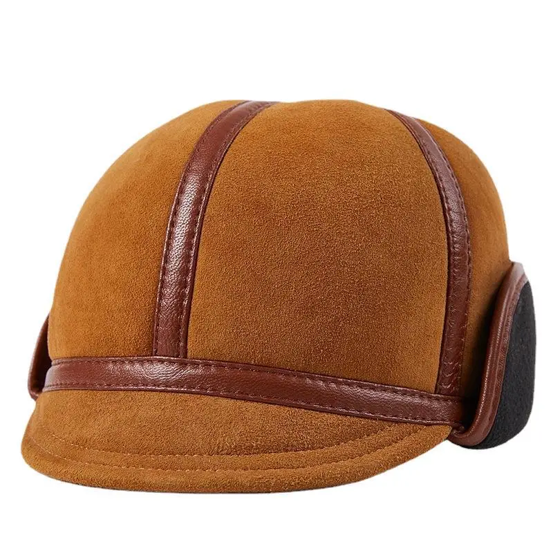 Winter Warm Genuine Sheepskin Leather Cap For Men Earflap Duckbill Baseball Hat Middle Aged Elderly Grandpa Thermal Cotton