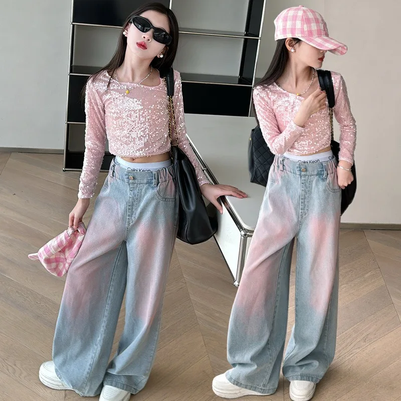 

New girl's pants 2024 spring/summer children's clothing pink sequin exposed navel top+loose jeans two-piece girl set