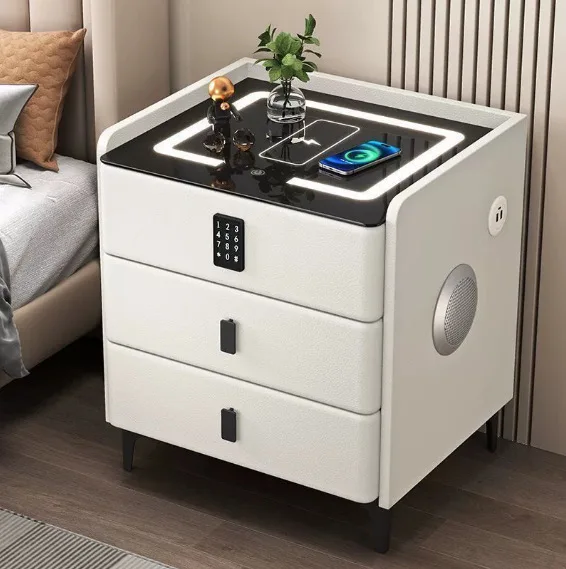 Smart Bedside Table with Three Drawers, Combination Lock, and Wireless Charging Speaker, Suitable for Hotel Rooms.