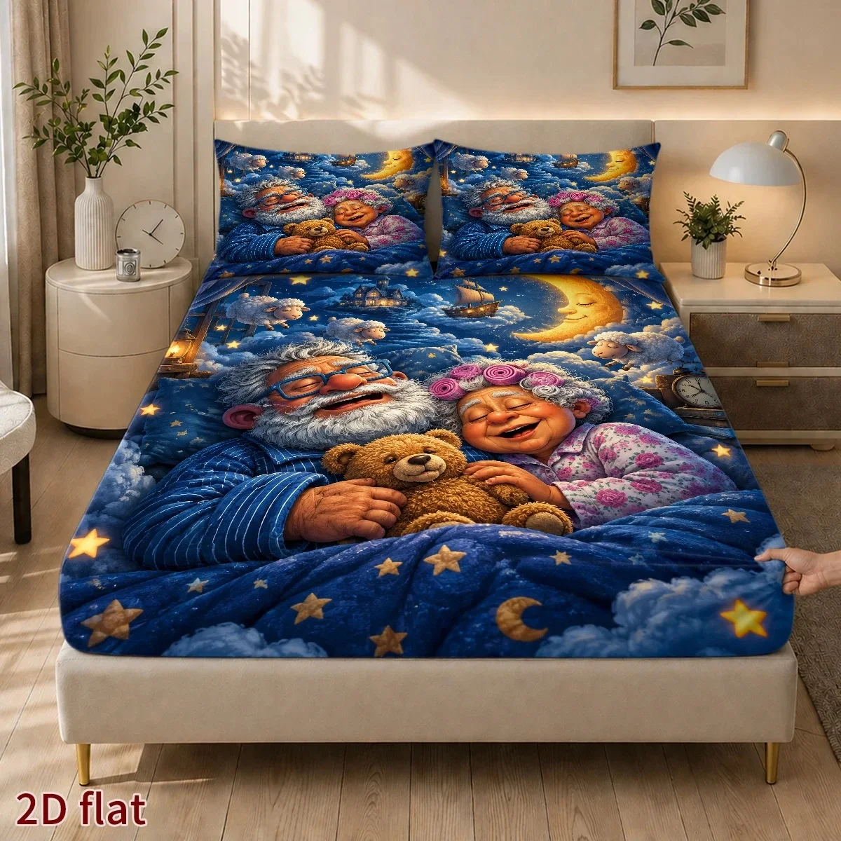 Grandparents' Cozy Time Series Bed Sheets Set Flower Printed Fitted Sheets with Pillowcase for Bed