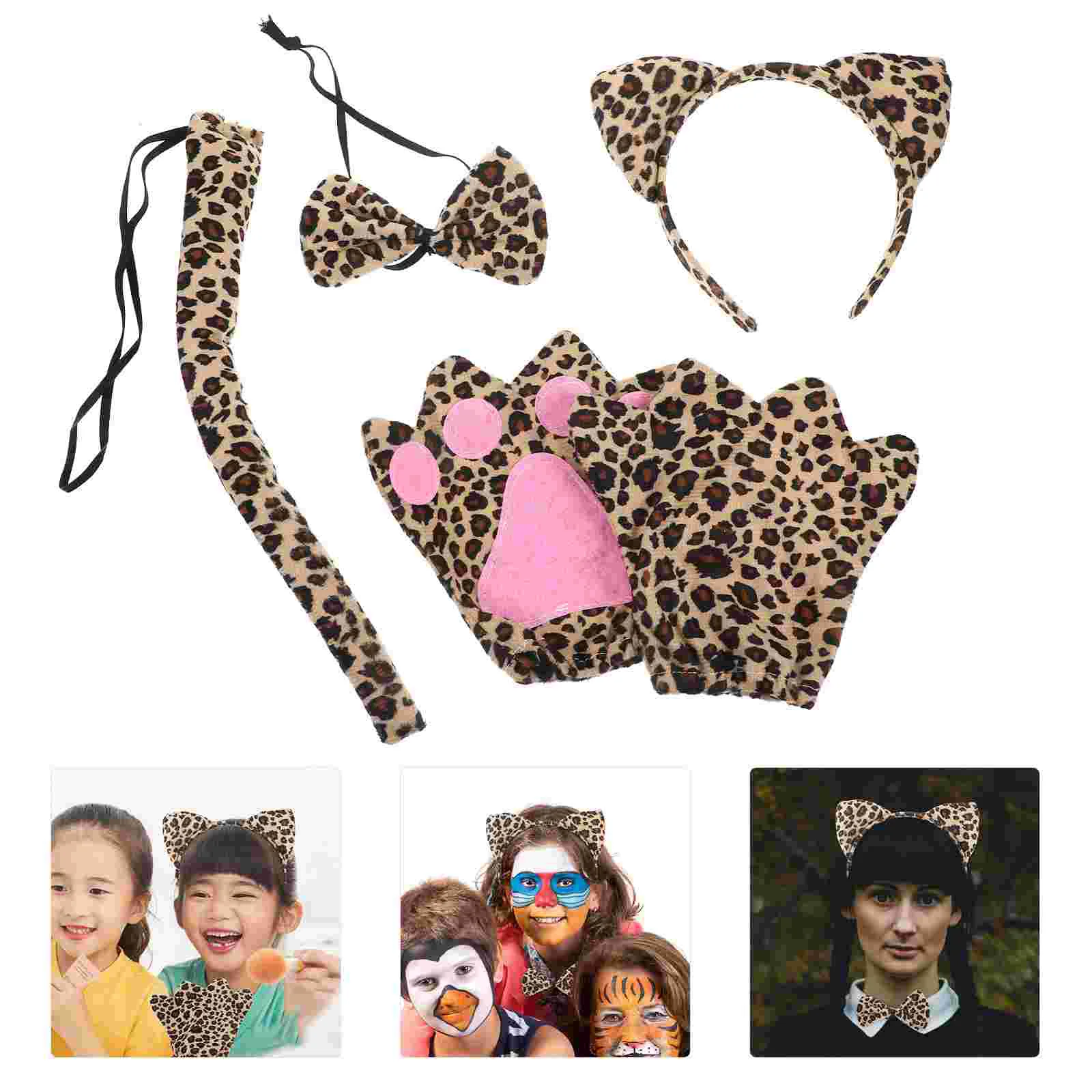 Leopard Print Headband Set Adult Animal Cosplay Costume Ear Ears Tail Party Short Plush Supplies Women's