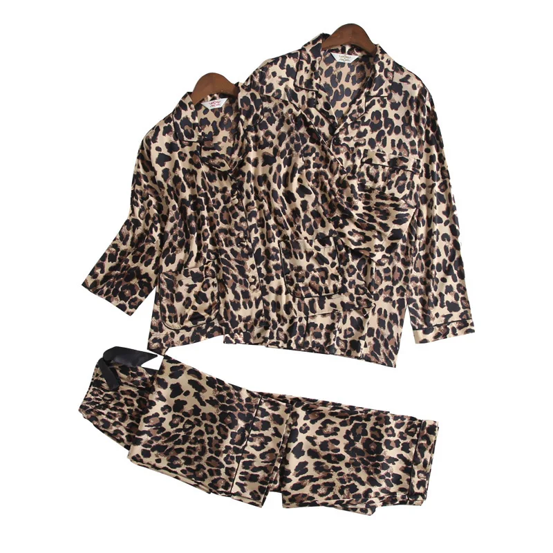 Leopard Pajamas Suit Nightwear Lover Loose Nightgown 2PCS Tops&Pants Satin Men&Women Sleepwear Intimate Lingerie Home Clothing