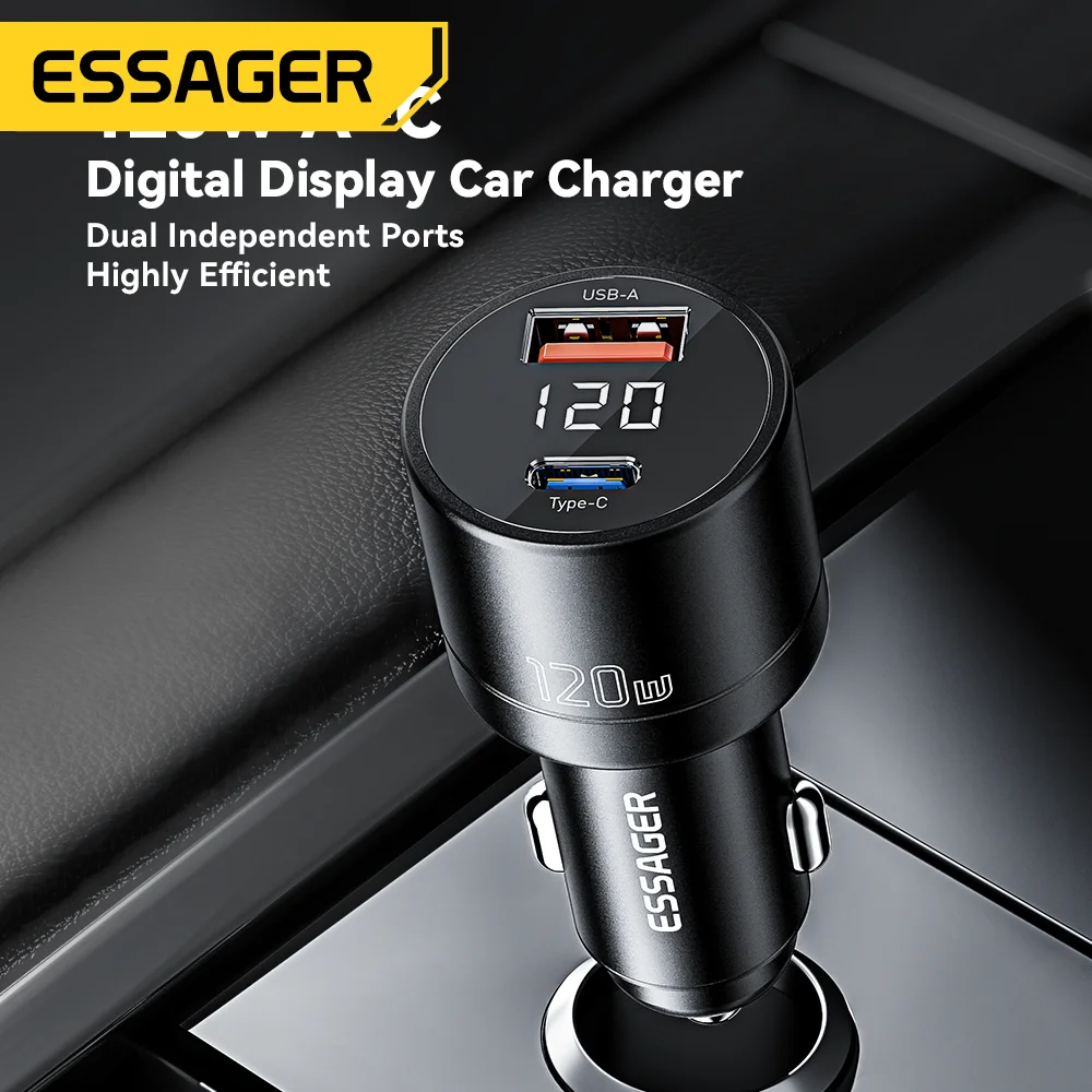 Essager 120W PD 차량용 초고속 충전기, QC 4.0 PD 3.0, 아이폰 15, 14, 삼성 C타입 USB 충전기, 휴대용 휴대폰 충전기