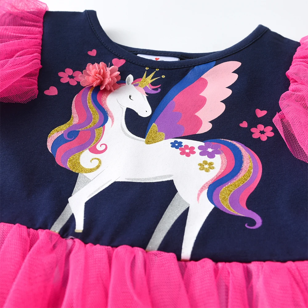 DXTON Baby Mädchen Baumwollkleider Frühling Herbst Kinder Langarm-Kleid Einhorn Kleinkind Festtags-Party Mehrlagiges Tüll-Kleid – Detail 4