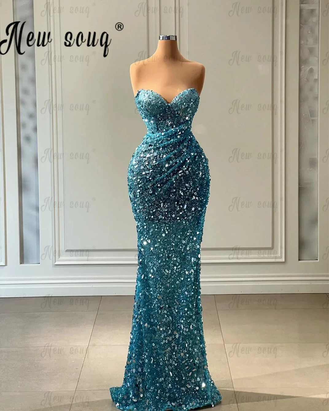 

Luxury Lake Blue Sweetheart Party Dress Dubai Sparkly Sequins Mermaid Wedding Event Gown Arabic Beautiful Formal Prom Gowns