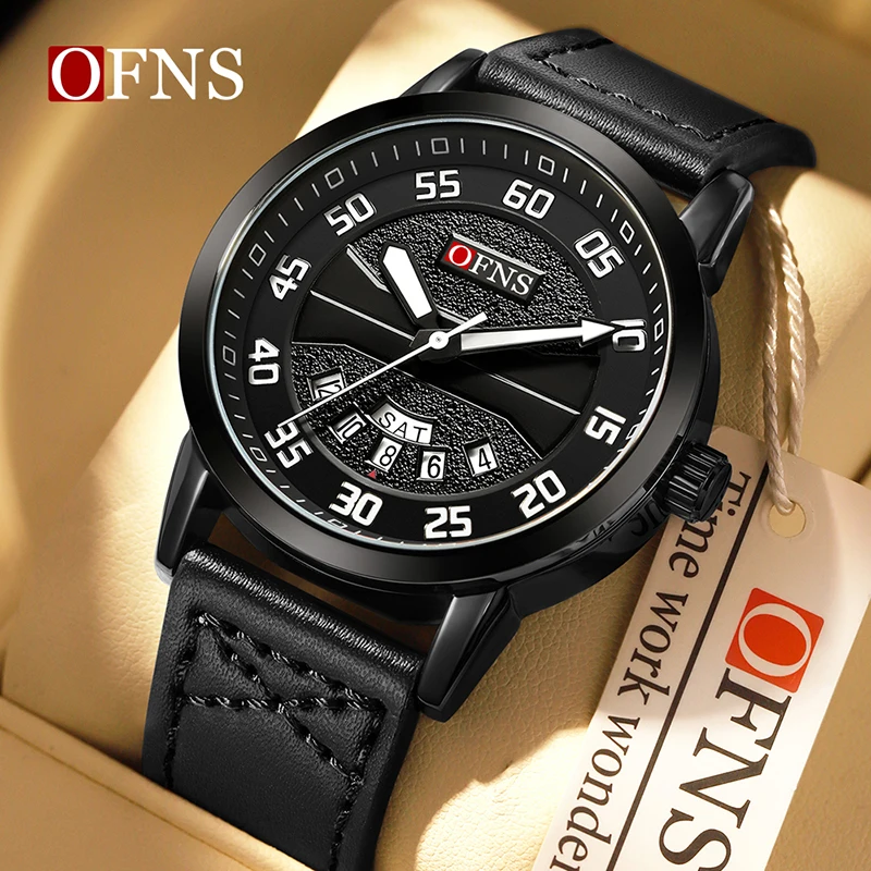 

OFNS 7213 Men's Sports Watch Dual Calendar Quartz Movement 3ATM Waterproof Leather Strap Trendy Versatile Men's Wristwatch