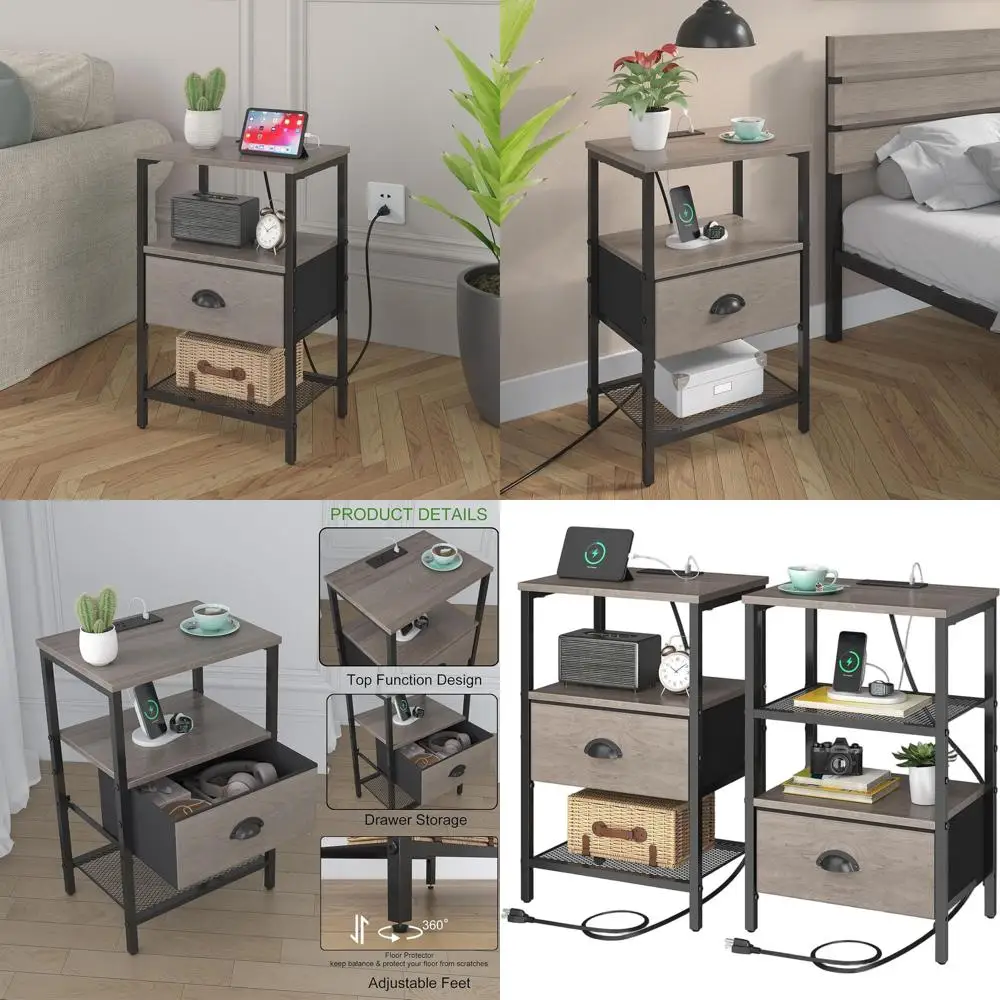 

Set of 2 Grey Fabric Nightstands with Charging Station and Storage