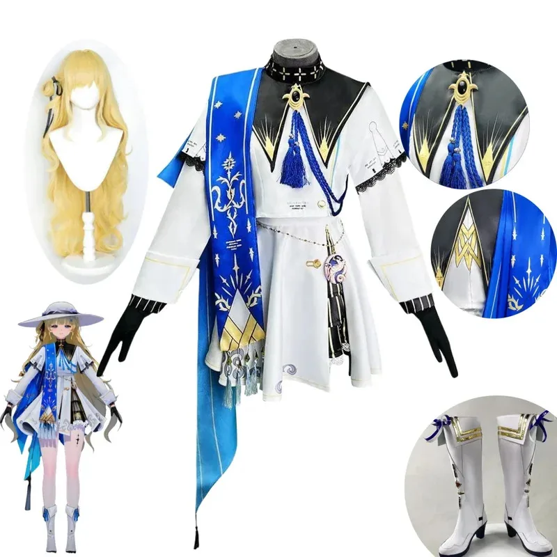 Disfraz de Phoebe 2025 con diseño de ondas wuthering, peluca sintética y zapatos de juego de rol para eventos de cosplay yj4k