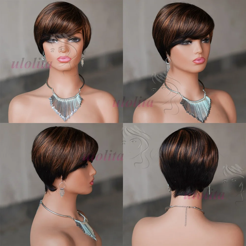 Kurze Echthaarperücke, vollständig maschinell gefertigte Perücke, gerade Pixie-Cut-Perücke aus Echthaar für Frauen, kurze Bob-Perücken mit Pony, Haarschnitt-Perücken – Detail 14