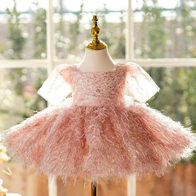 

Girls Fashion Short Sleeve Dress Pink Floral Children's High-end Birthday Gown for Kids New Arrival Elegant Dress for Girls