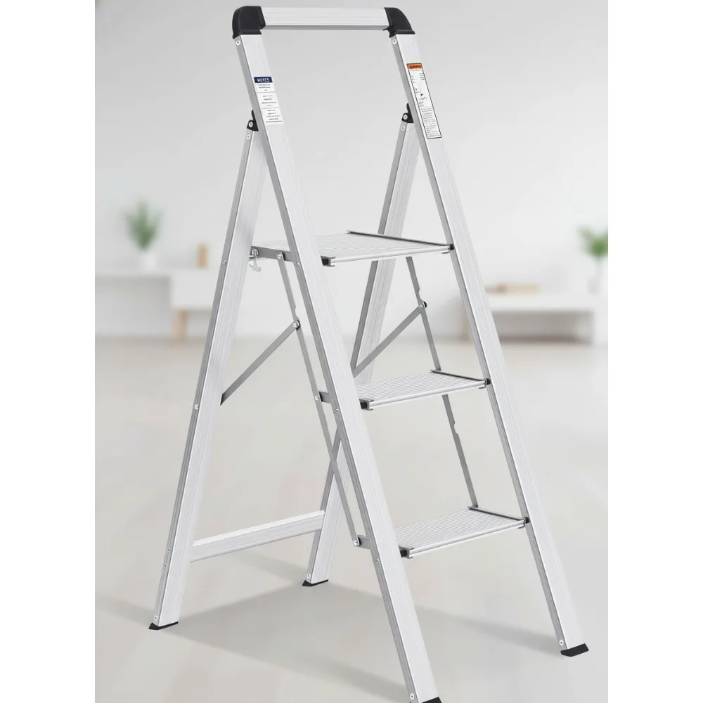 

Lightweight 3-Step Aluminum Ladder, Foldable Step Stool with Non-Slip Pedals & Handrail, 330LB Capacity for Home Kitchen Garage
