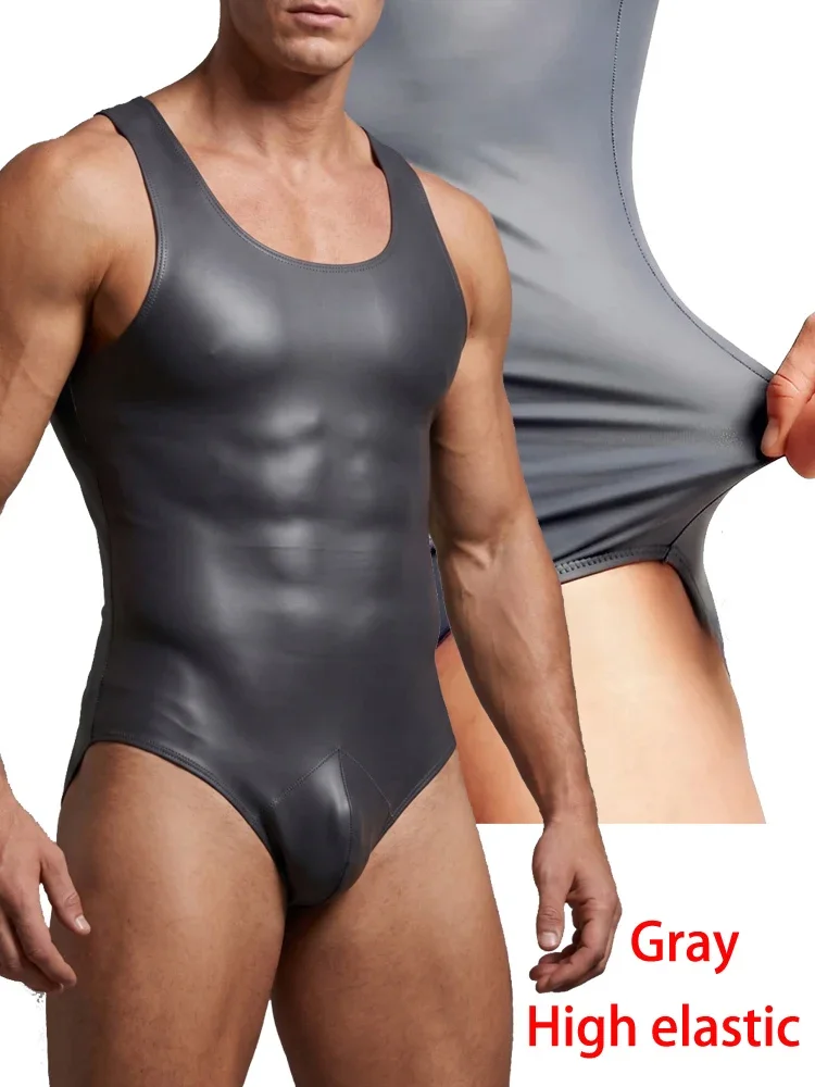 S-4XL Red Gray Black Double Sided PU Leather Tank Top Reversible Vest Bodysuit Tights Muscle Gym Body Teddies Tanktop Shapers