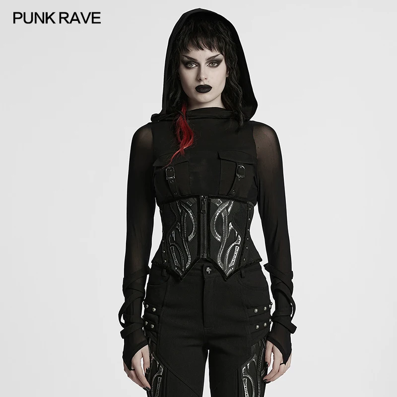 PUNK RAVE Damen-Cyberpunk-Korsett aus atmungsaktivem Mesh, symmetrischer spitzer Saum, Nieten, geheimnisvoll, verstellbares Kordelzug-Zubehör
