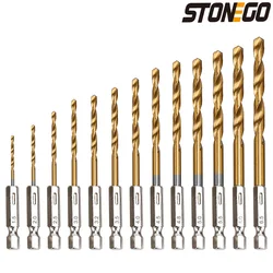 STONEGO 13PCS 1.5mm-6.5mm Drill Bit Set Titanium Coated High Speed Steel Hex Shank Hole Opener For Wood Plastic Aluminum