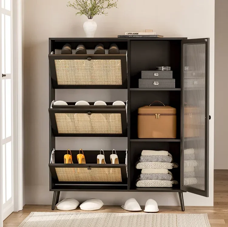 

# 24 Pair Shoe Storage Cabinet 3 Flip Drawers And Glass Door Storage Shelves Natural Rattan Shoe Cabinet Large Capacity Shoe Ra