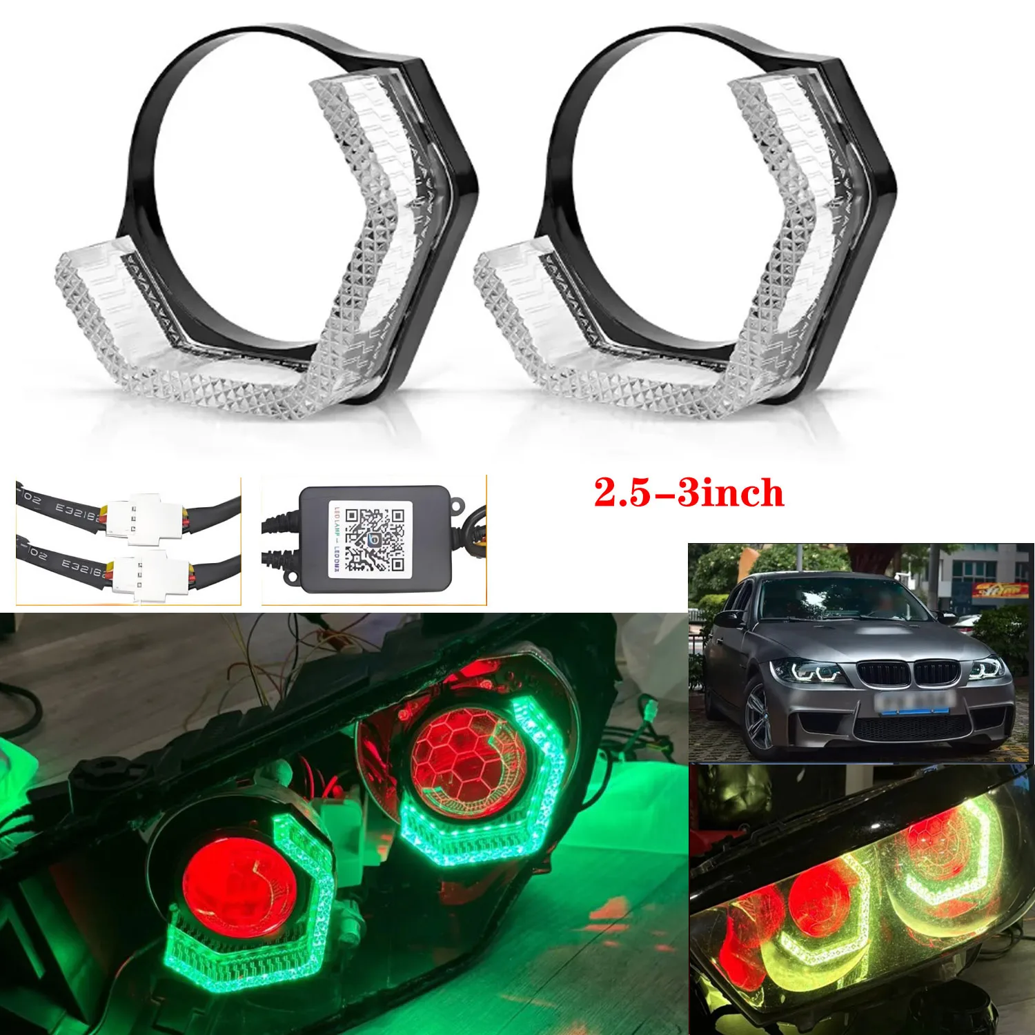 

2.5/3-inch Car Angel Eye Daytime Running Light LED Headlights, Lens Decorative Cover, And colorful flowing Turn Signal Lights 2P