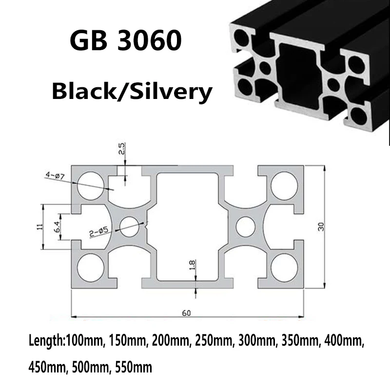 GB 3060 T Slot National Standard Aluminum Profile Extrusion 100mm-550 mm Guide Aluminum Profile DIY 3D Printer Worktable Rail