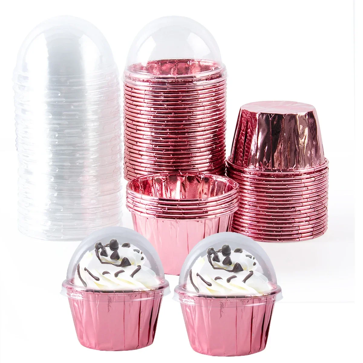 

25/50pcs Foil Cupcake Liners Heat Resistant Aluminum Cake Cups Round Baking Cups with Lids Kitchen Wedding birthday Party Supply