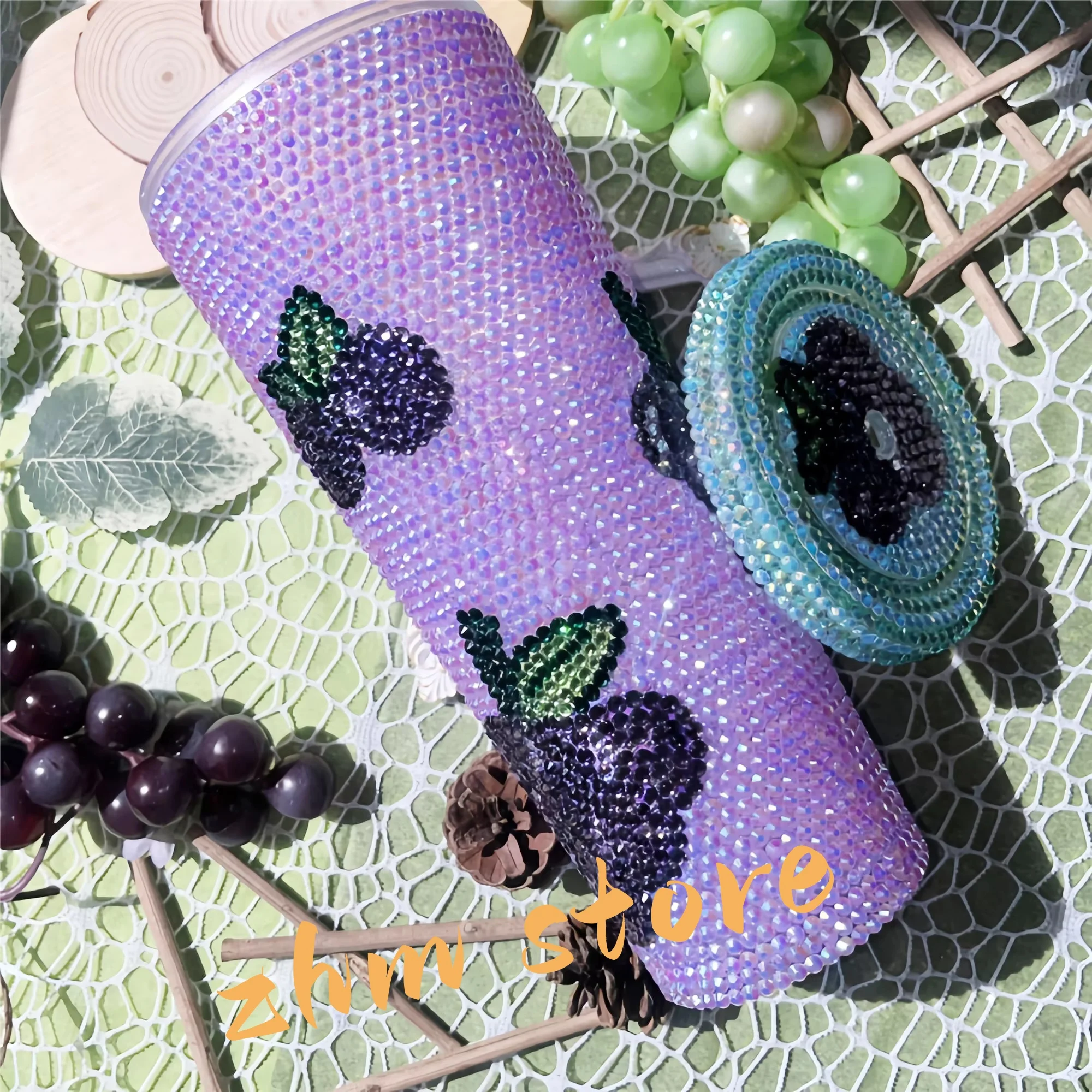 Vaso de resina de gelatina ostentosa DIY de 24oz con diamantes de imitación morados con pajita, uva púrpura para niñas encantadoras, taza para botella de agua