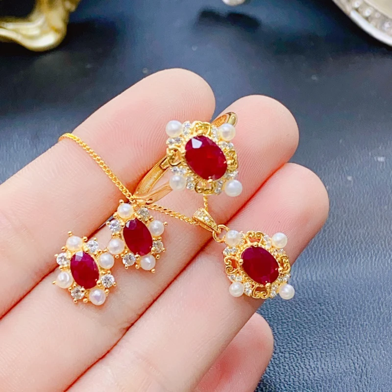 Natural Ruby jewelry sets for women rings earrings pendant silver 925  luxury gem stones 18k gold plated free shiping items