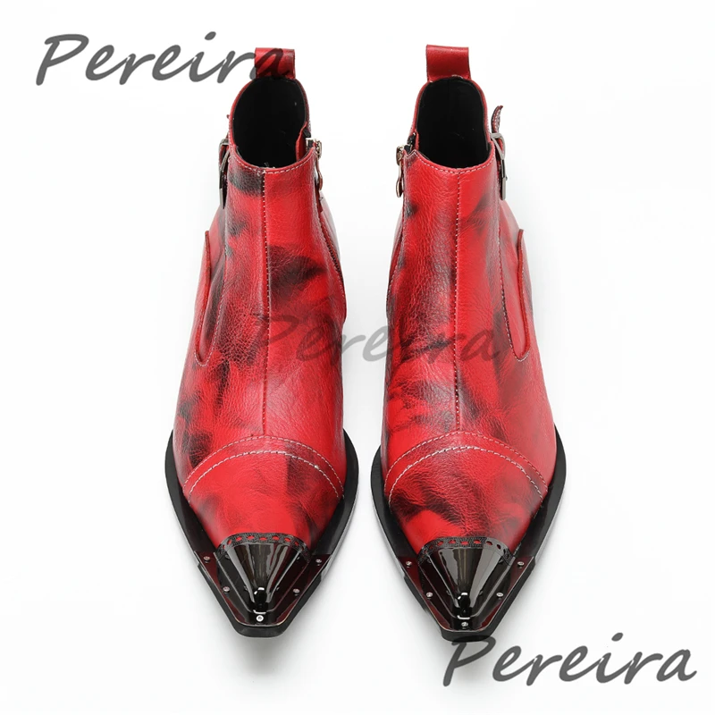 Red Black Iron Pointy Toe Men's Ankle Boots Fashion Belt Buckle Printed Genuine Leather Booties New Banquet Party Dress Shoes view 3