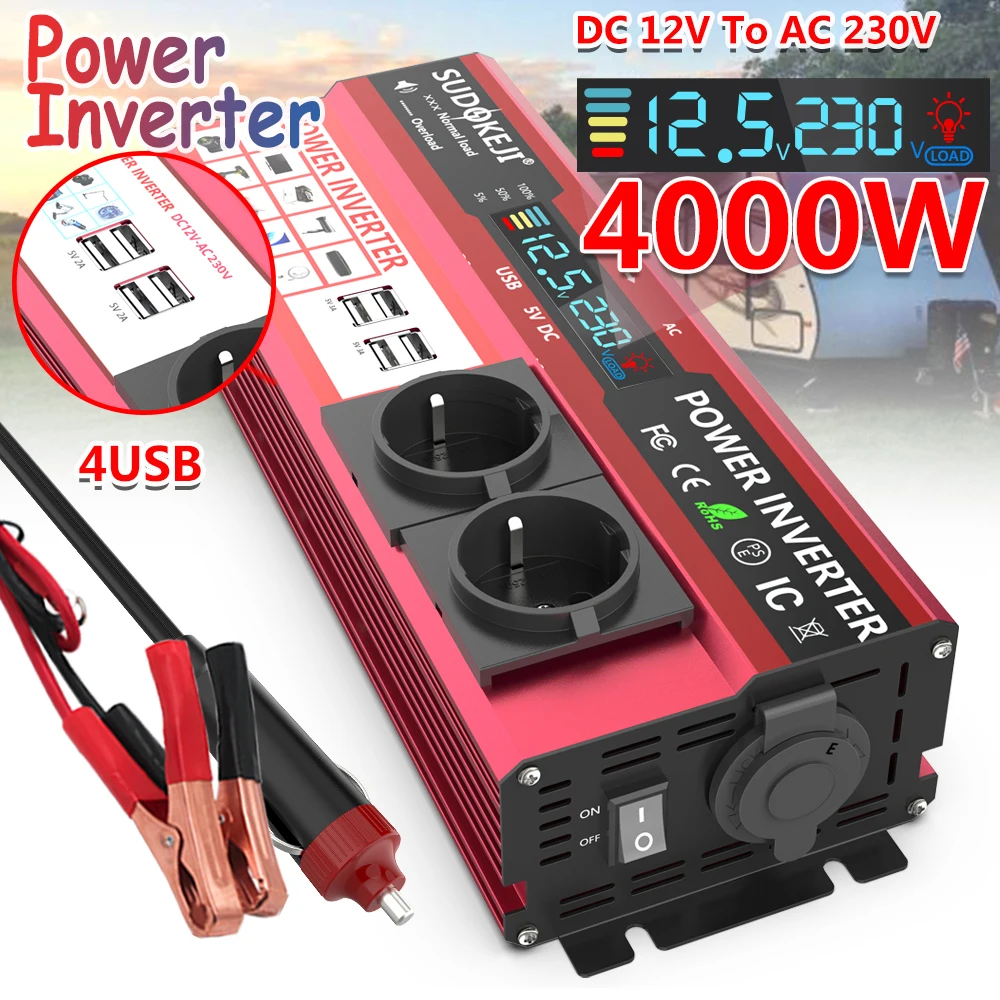 SUDOKEJI 3000W 4000W (MAX POWER) Omvormer voor Auto Omvormer RV Boot 500W 800W DC 12V 24V Naar 120V 220V EU US UK Global Socket