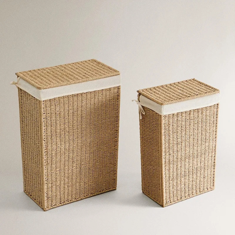 Laundry basket with lid, foldable paper rope woven dirty clothes basket, large-capacity clothes hand-woven storage basket