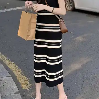여름 검은 줄무늬 니트 조끼 드레스 여성 의류 몸집이 작은 우아한 캐주얼 슬리밍 민소매 긴 드레스 