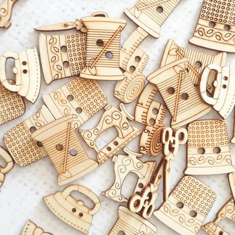 50pcs 12-30mm Fancy Wooden Buttons Sewing Machine Button For Clothes Decorative Scissor Buttons for Crafts Scrapbooking DIY