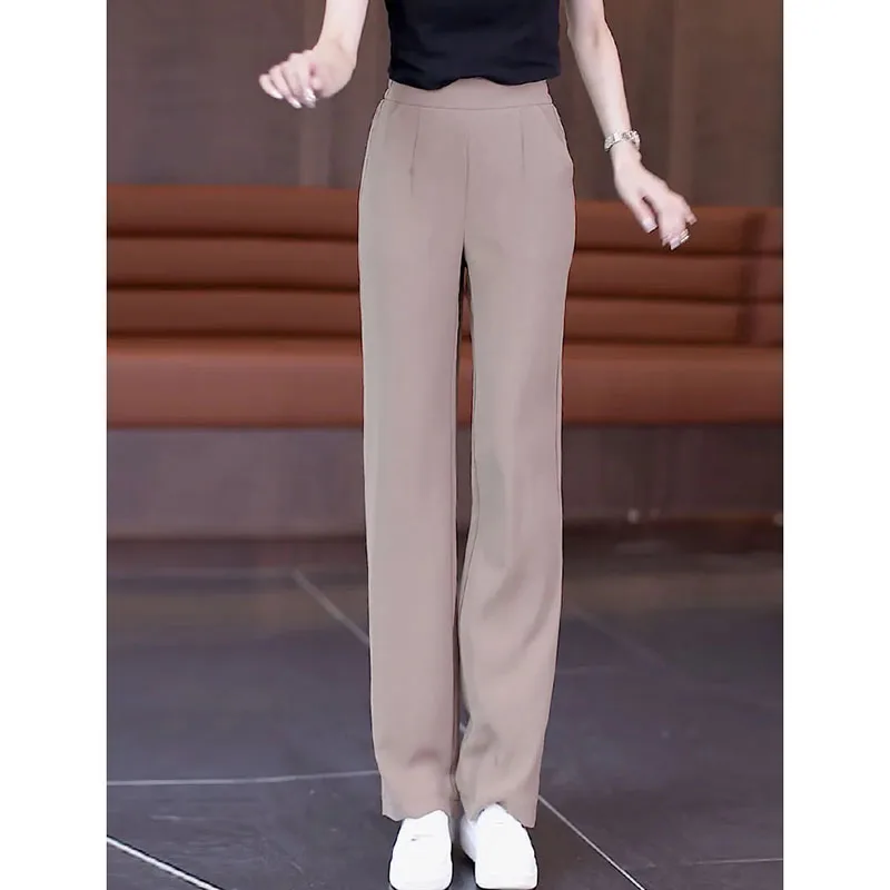 Summer Female Ice Shreds Wide Leg Pants Women Thin Style Loose Fitting Elastic Waist Solid Color Trousers Lady Leisure Pantalons