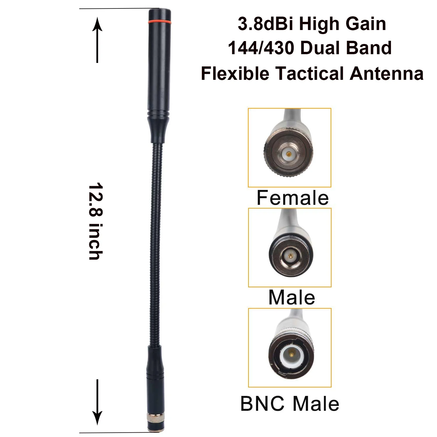 12.8inch Goose Tube Flexible Tactical VHF UHF Dual Band Walkie Talkie Antenna 144/430MHz 20W 3.8dBi SMA-F/SMA-M/BNC Connectors