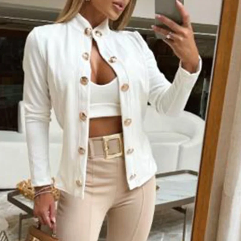 أزياء شارع العليا بأكمام طويلة أبلى جديد الخريف عارضة مزدوجة الصدر ضئيلة سترة السيدات الوقوف طوق الصلبة التنقل معطف