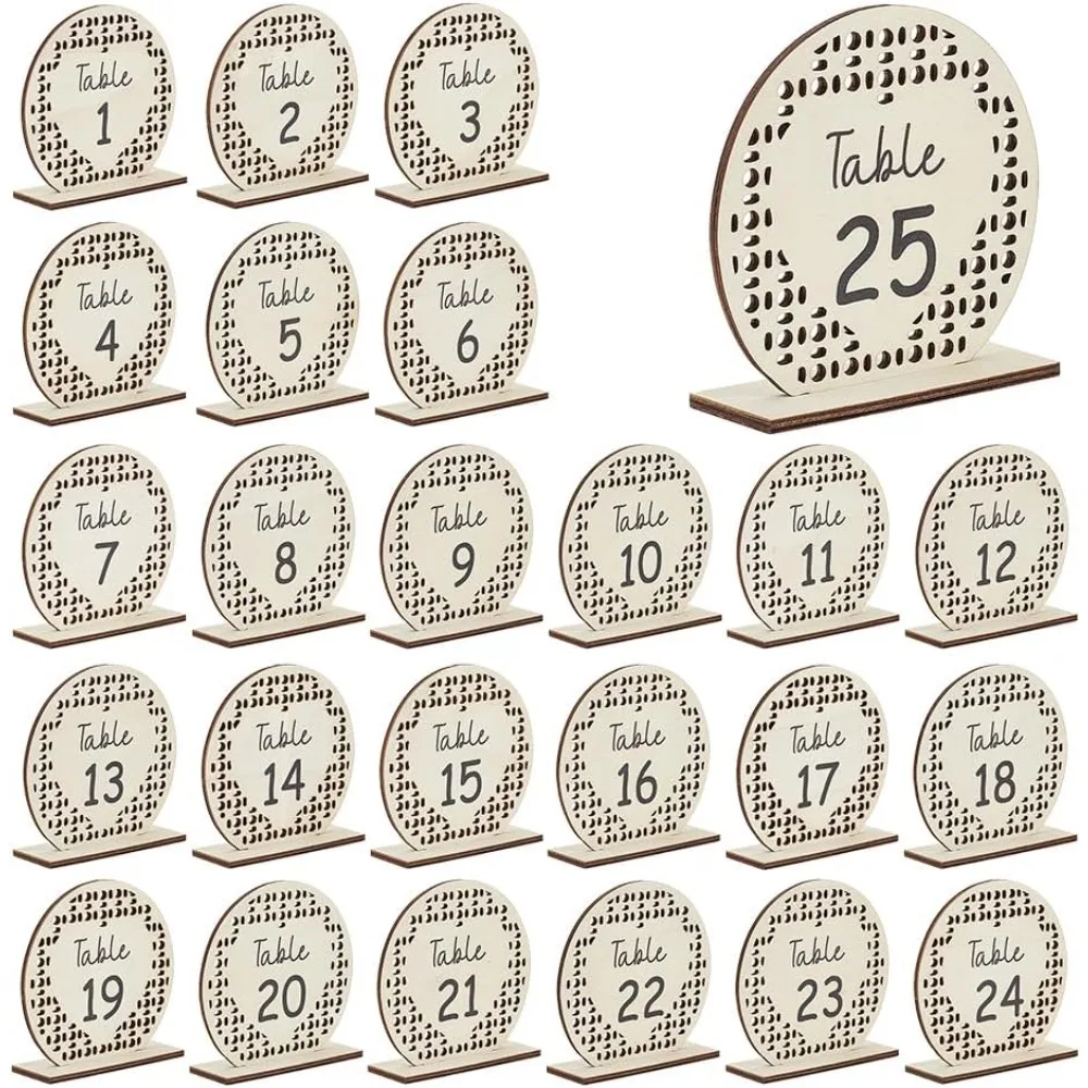 

25 Sets Wooden Wedding Table Number Signs 1-25 Single Sided Wooden Number Plate with Base for Wedding Reception Birthday Rattan