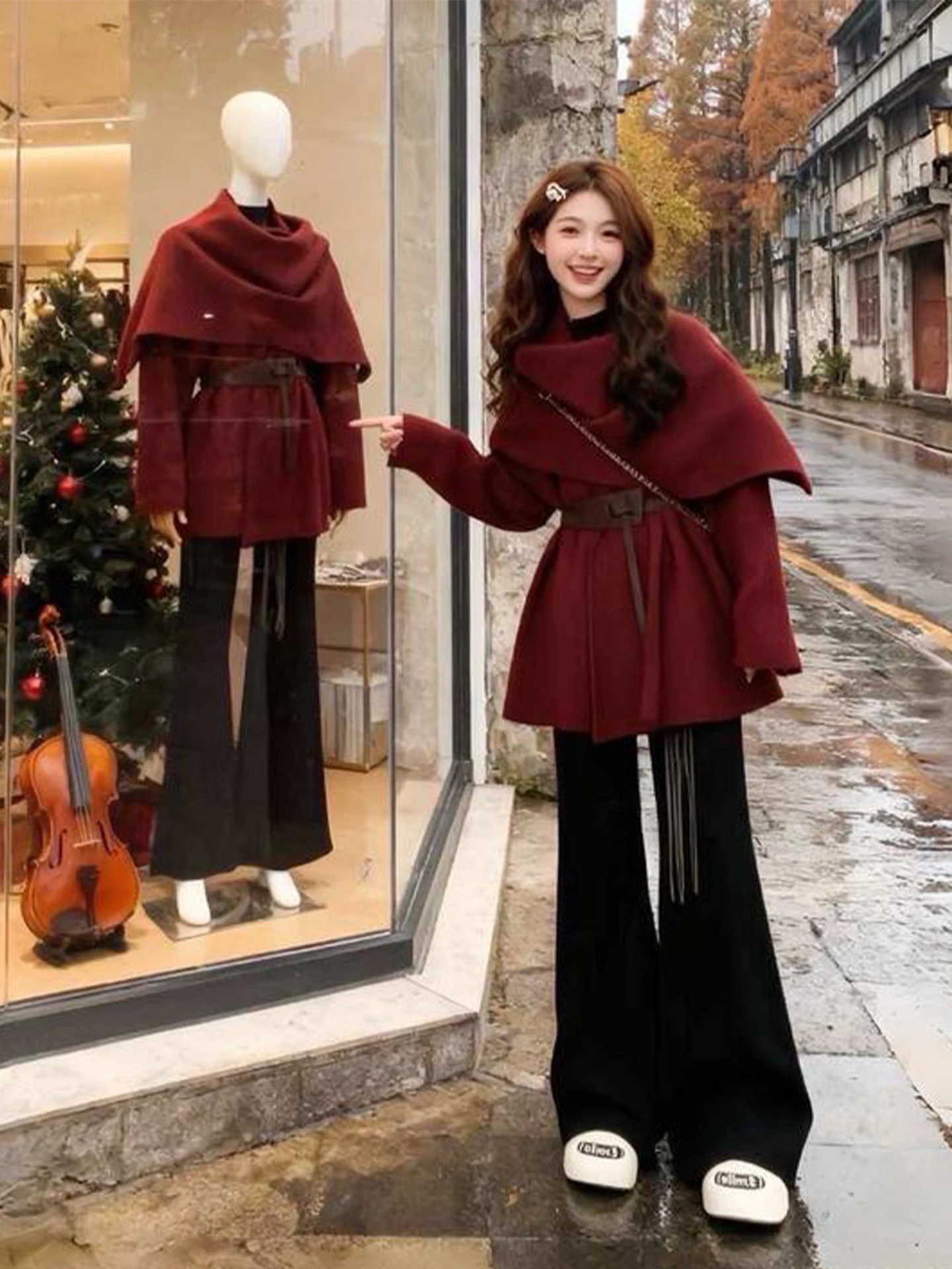 

Red Sweater And Scarf Set plus Size Women's Faionable Casual Winter Wear High Waist Pants And Warm Knitwear for New Year