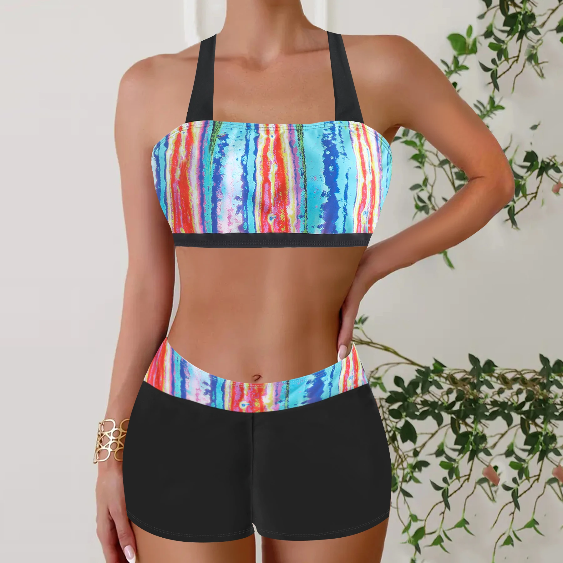 Conjunto tankini con estampado tropical para mujer, traje de baño elástico no transparente con pantalones cortos de cintura alta, bikini, ropa de playa de verano