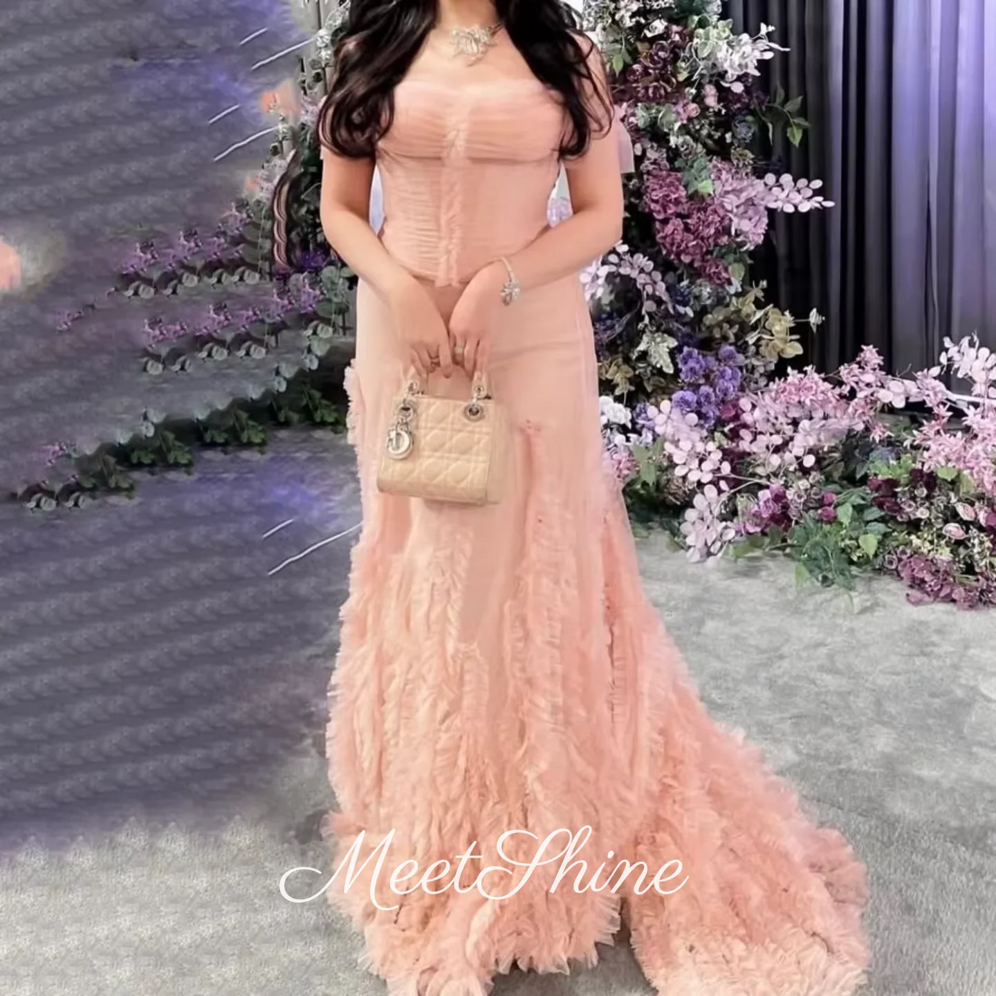 

Pink Off Shoulder Pleat Evening Dress Prom Dress for Woman Tulle Sleeveless Customized Saudi Arabia Wedding Party Dress 2025