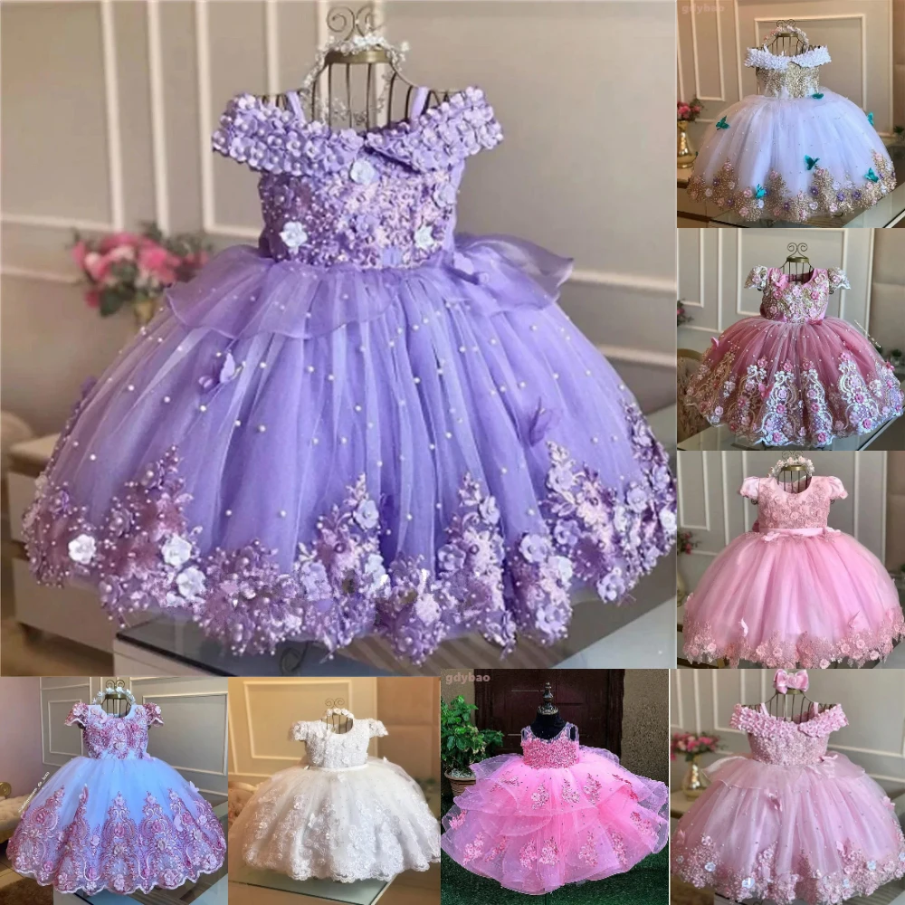 

Luxury Flower Girl Dress Princess Applique For Wedding Dresses Tulle Pearls Ball Kids Pageant Gown Birthday Party Gowns