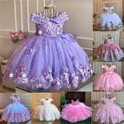 Luxury Flower Girl Dress Princess Applique For Wedding Dresses Tulle Pearls Ball Kids Pageant Gown Birthday Party Gowns