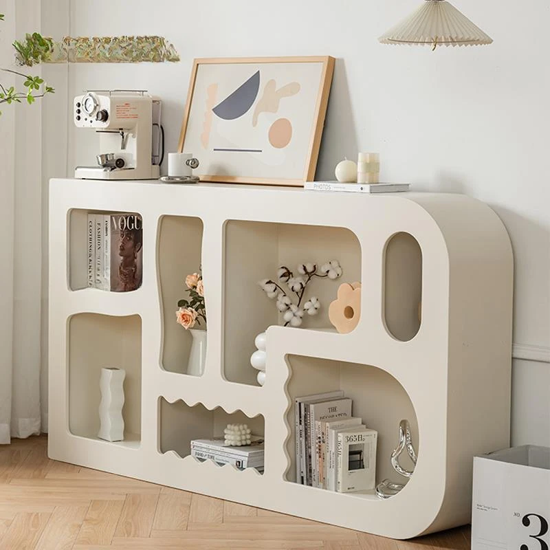 

Wooden Large Display Cabinet Living Room Irregular Patterns Organizer Cupboard Without Door Versatile Floor Sideboard In White