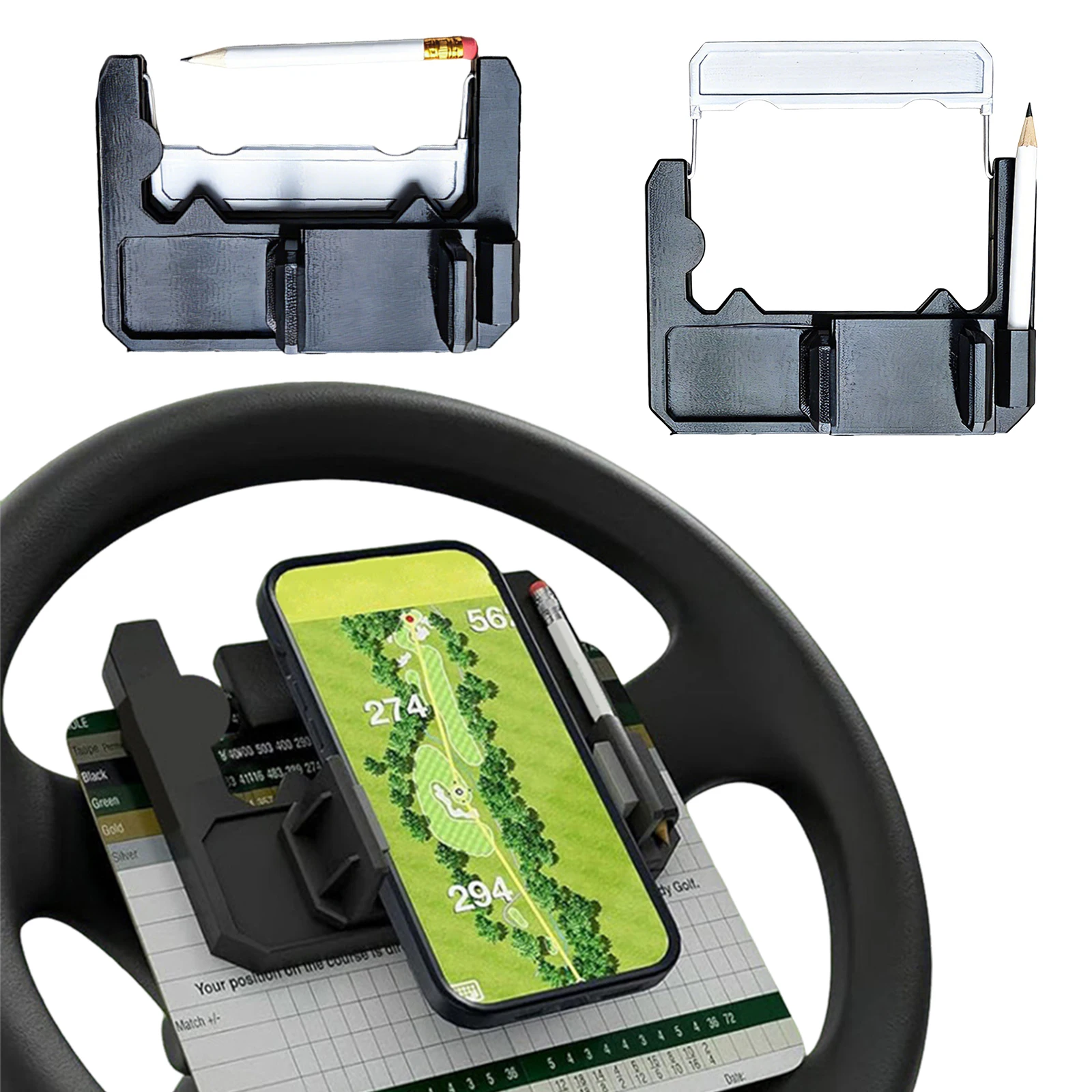 Flip Up Golf Cart Phone Holder Wide 3.15in-4.72in Golf Cart Steering Wheel Phone Stand Non-Slip Golf Course GPS Phone Mount
