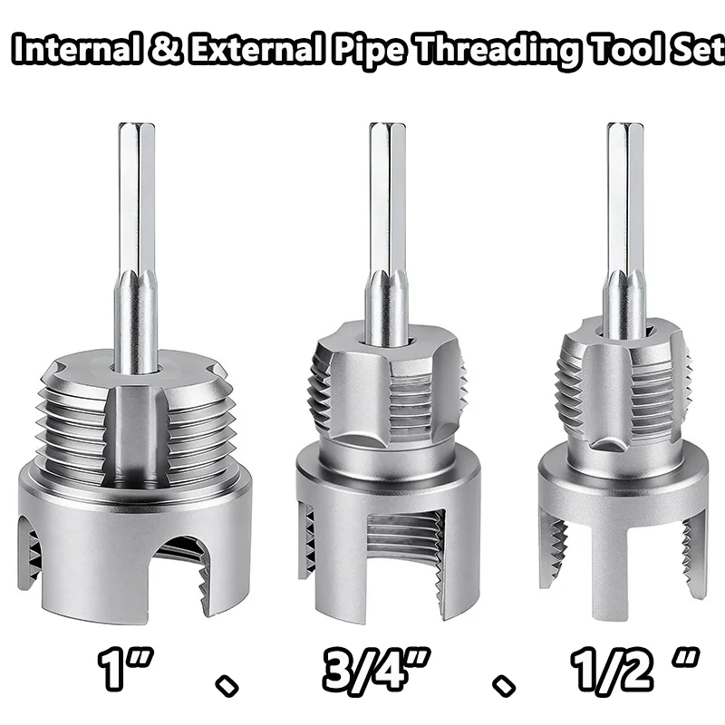 3pcs Internal & External Pipe Threading Tool Set, 1/2'' 3/4'' 1'' PVC Plastic Pipe Threader Kit, Drill Compatible Threading Tool