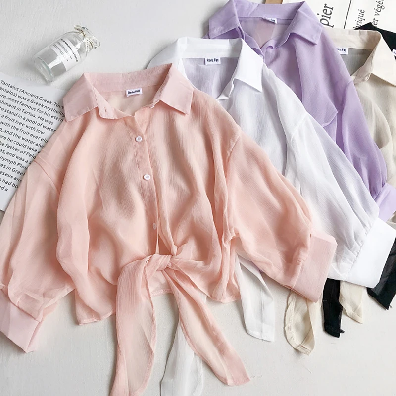 HELIAR Women Buttoned Up Shirts Women Office Lady Blouse Tied Waist Thin Chiffon Crop Tops Blouses Shirts Women 2024 Summer