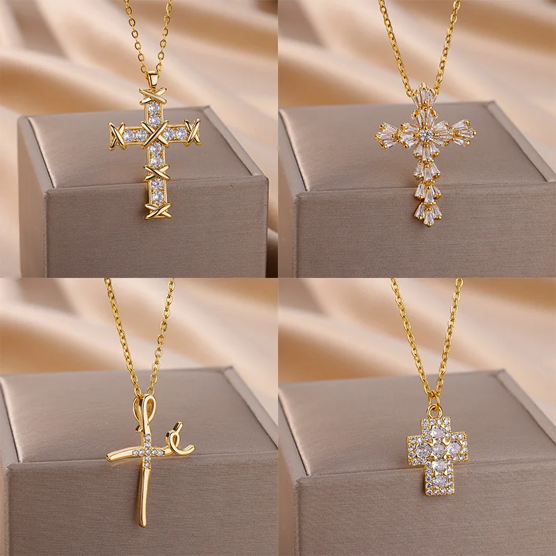 316L Stainless Steel Zircon Jesus Cross Pendant Necklaces For Women Hip Hop Gold Color Cross Necklace Party Jewelry Gift