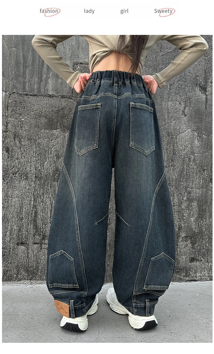 Neues Design Baggy Jeans für Mädchen, Herbst, locker, lässig, elastische Taille, Teenager-Kinder, weite Hosen, Streetwear, Kinderhosen – Detail 3