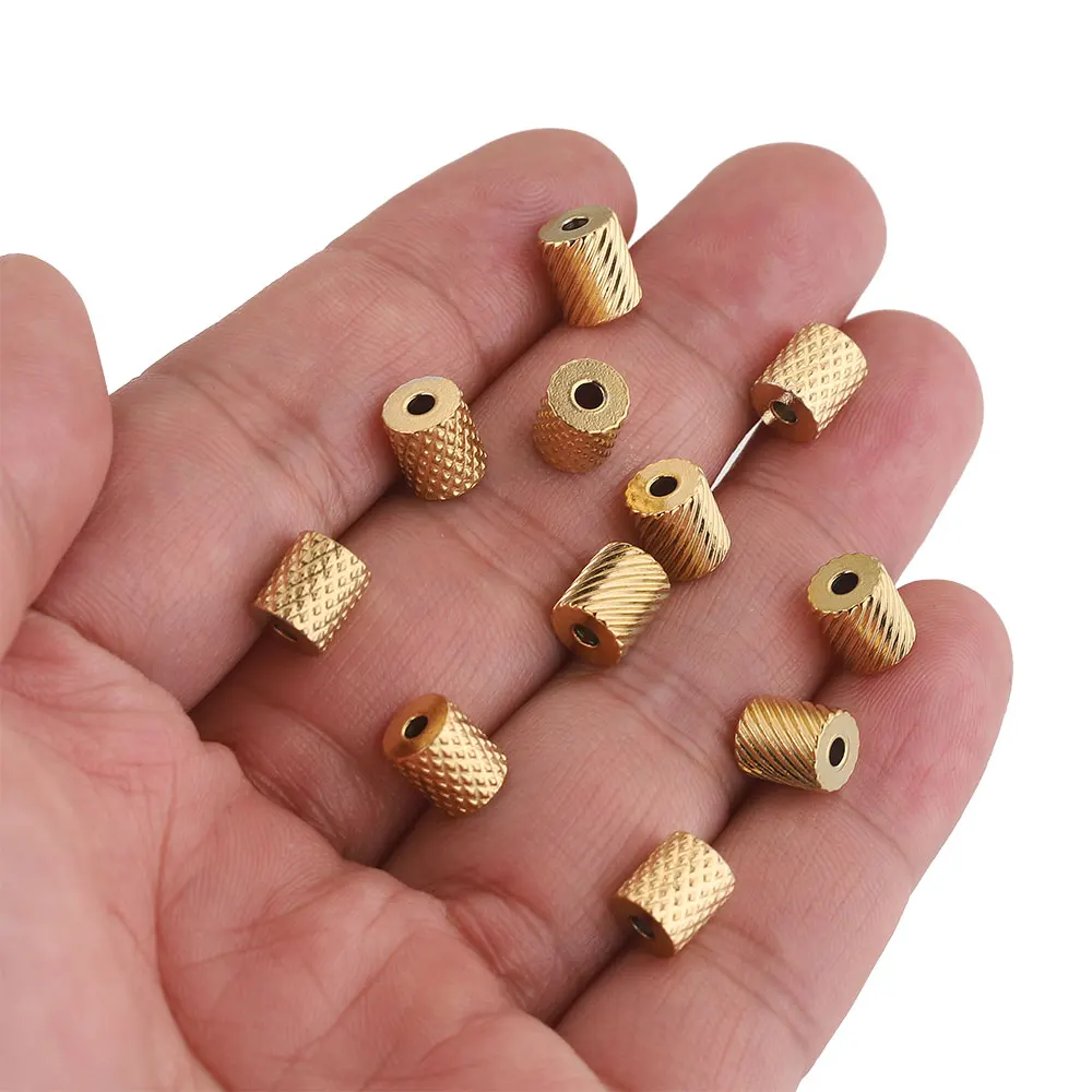 10pcs Lot Stainless Steel Cross Textures Cylinder Tubes Spacer Beads Charms Gold Plated for Bracelet DIY Jewelry Making Supplies