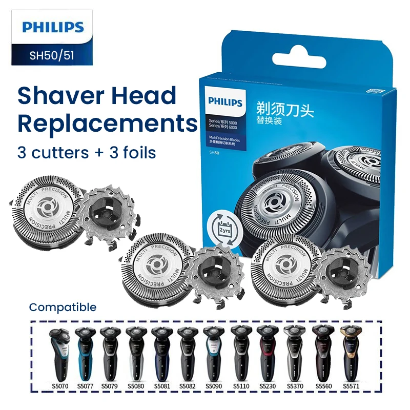 Cabezal de afeitado Philips SH50 Reemplazo de cabezal de afeitado 3 láminas + 3 cortadores Adecuado para afeitadoras Serie 5000 Afeitadoras Serie 6000