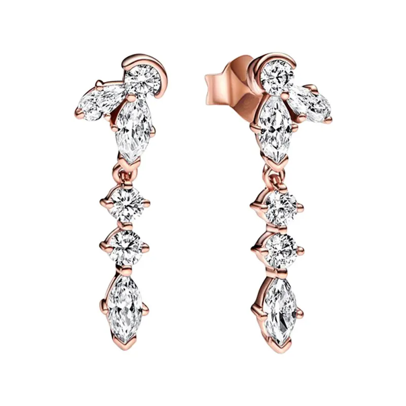 

14K Rose Gold Herbarium Cluster Long Drop Earrings For Women Fine Jewelry Ear Piercing Prong Setting Pear Marquise CZ Petal Leaf