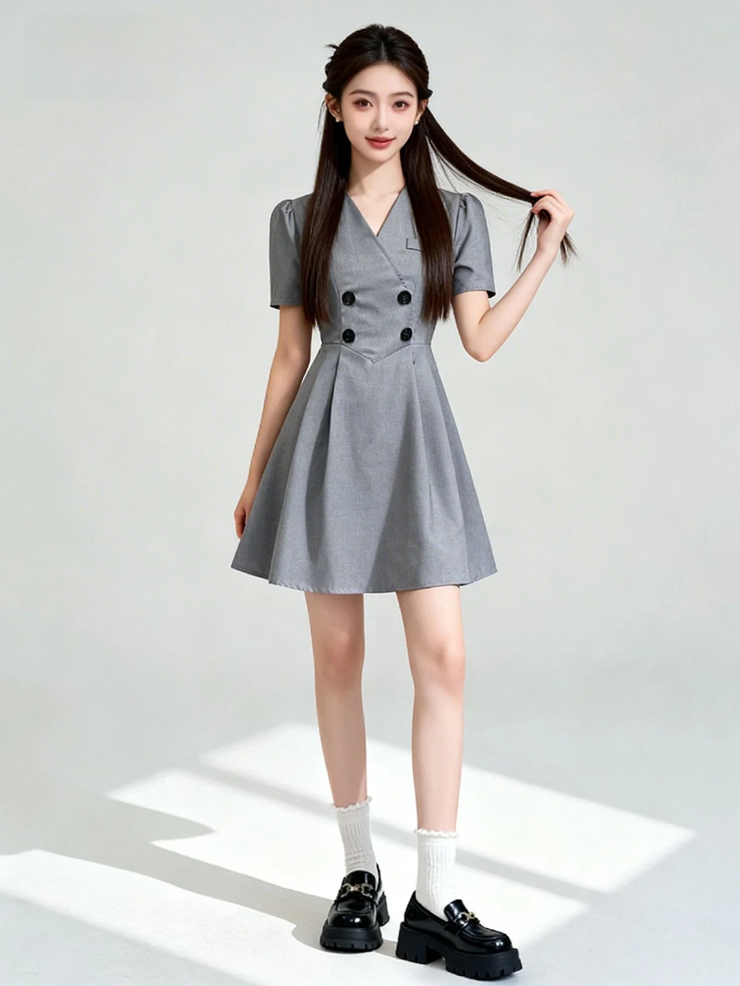 

Ele V-ne ort Dr Women's Spring Summer Slimming A-line Skirt Suit Waist-cinching Faionable Polyester Fiber Dr