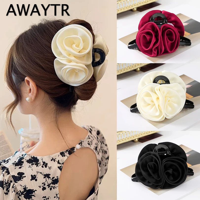AWAYTR New Double Rose Hair Claws Hairpin Sweet Barrette Flower Hair Clip Headband Women Girls Ponytail Holder Hair Accessories