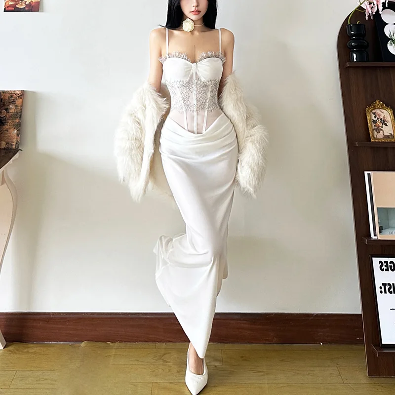 Sexy Women Black White Lace Patchwork Long Dress Slash Neck Sheer Mesh Waist Strap Slip Dress Sleeveless Bodycon Party Dress